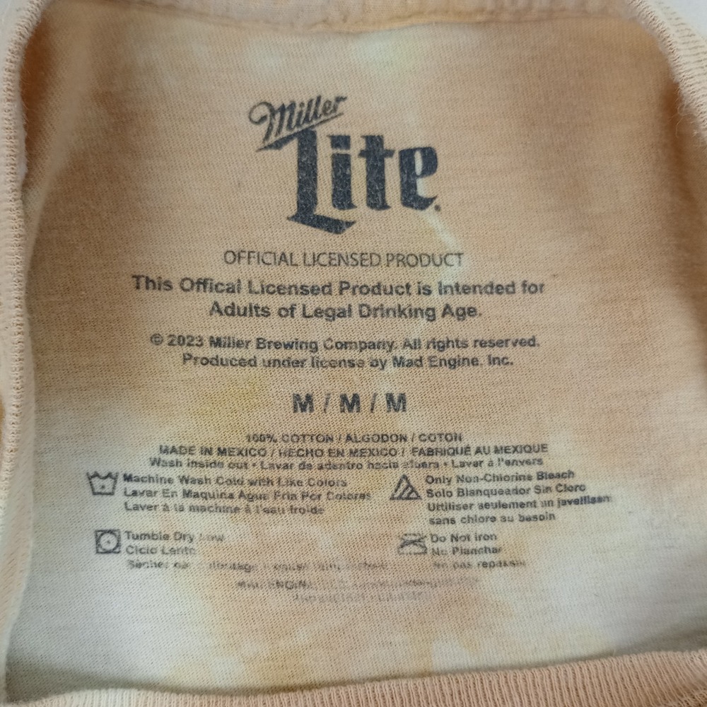 Miller Lite Men M Tan Tie Dye Short Sleeve Graphic Brew Beer Pilsner Logo TShirt - Picture 2 of 5